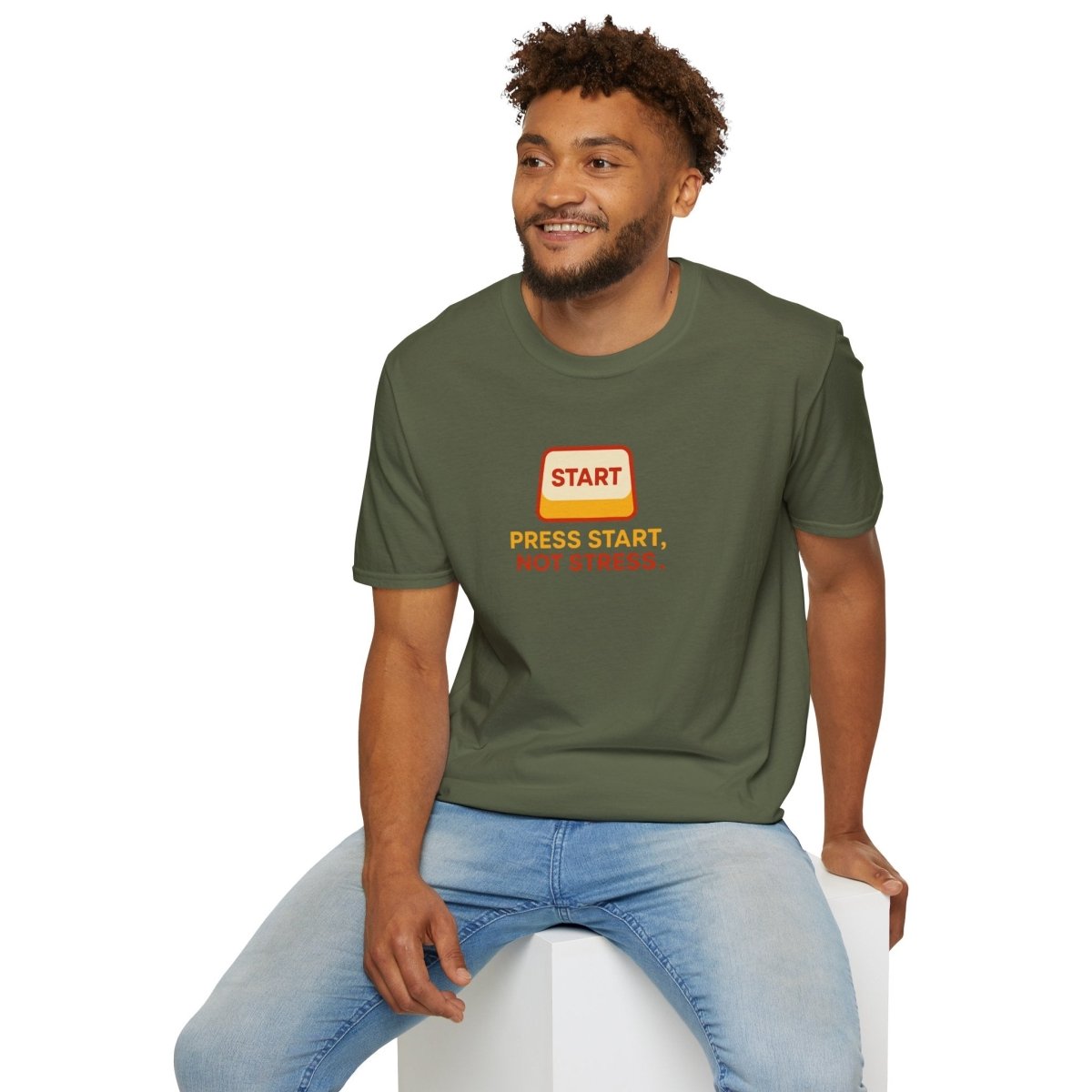"Press Start, Not Stress" Unisex T-Shirt - Relaxed Fit Gaming Tee, Gift for Gamers, Fun Stress Relief Shirt, Casual Everyday Wear CW - 1 Yellow Orange - AI Tee Hero