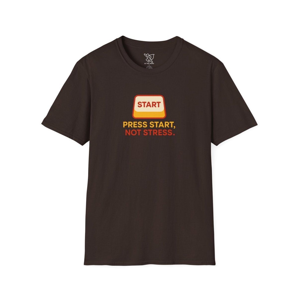 "Press Start, Not Stress" Unisex T-Shirt - Relaxed Fit Gaming Tee, Gift for Gamers, Fun Stress Relief Shirt, Casual Everyday Wear CW - 1 Yellow Orange - AI Tee Hero