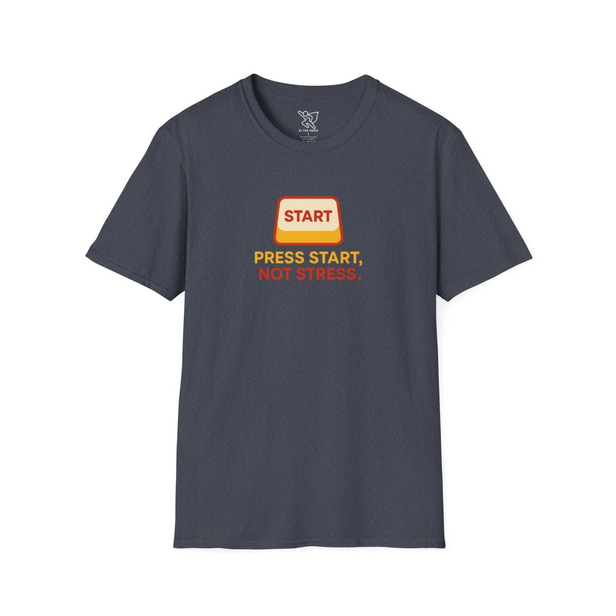 "Press Start, Not Stress" Unisex T-Shirt - Relaxed Fit Gaming Tee, Gift for Gamers, Fun Stress Relief Shirt, Casual Everyday Wear CW - 1 Yellow Orange - AI Tee Hero