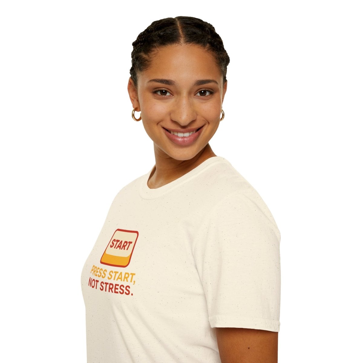 "Press Start, Not Stress" Unisex T-Shirt - Relaxed Fit Gaming Tee, Gift for Gamers, Fun Stress Relief Shirt, Casual Everyday Wear CW - 1 Yellow Orange - AI Tee Hero