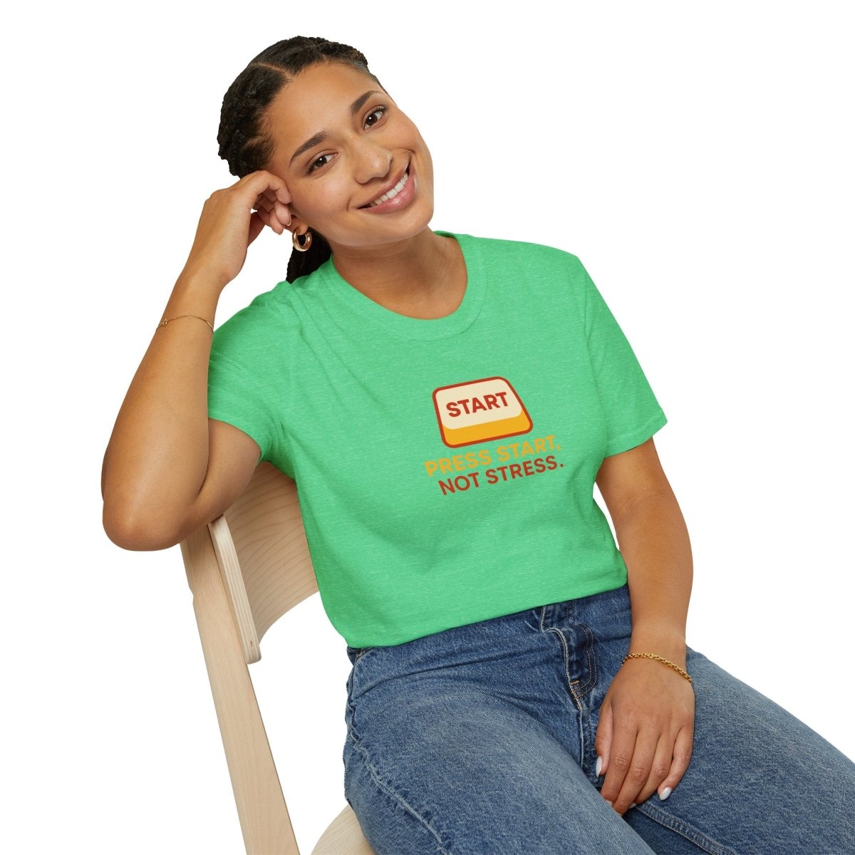 "Press Start, Not Stress" Unisex T-Shirt - Relaxed Fit Gaming Tee, Gift for Gamers, Fun Stress Relief Shirt, Casual Everyday Wear CW - 1 Yellow Orange - AI Tee Hero
