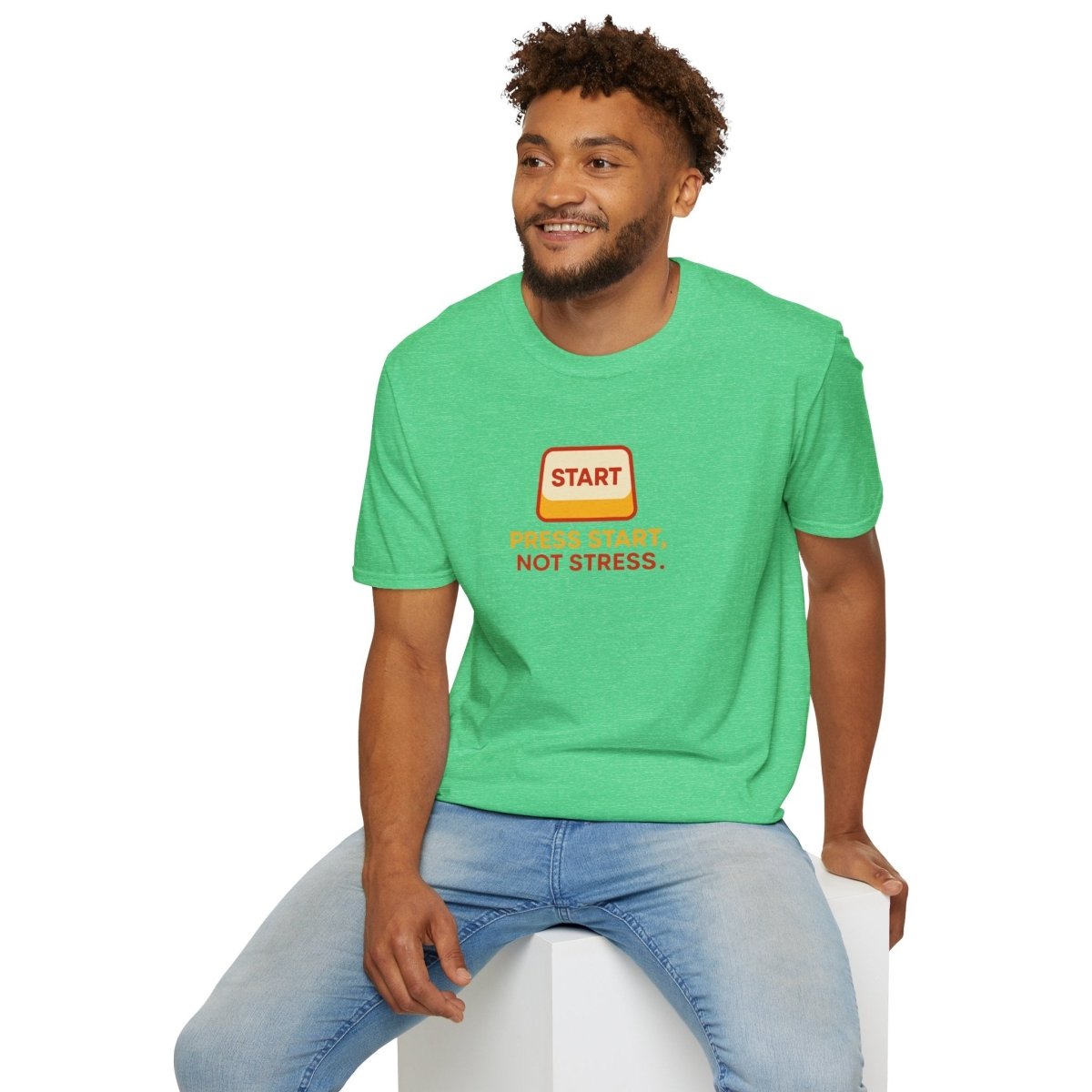 "Press Start, Not Stress" Unisex T-Shirt - Relaxed Fit Gaming Tee, Gift for Gamers, Fun Stress Relief Shirt, Casual Everyday Wear CW - 1 Yellow Orange - AI Tee Hero