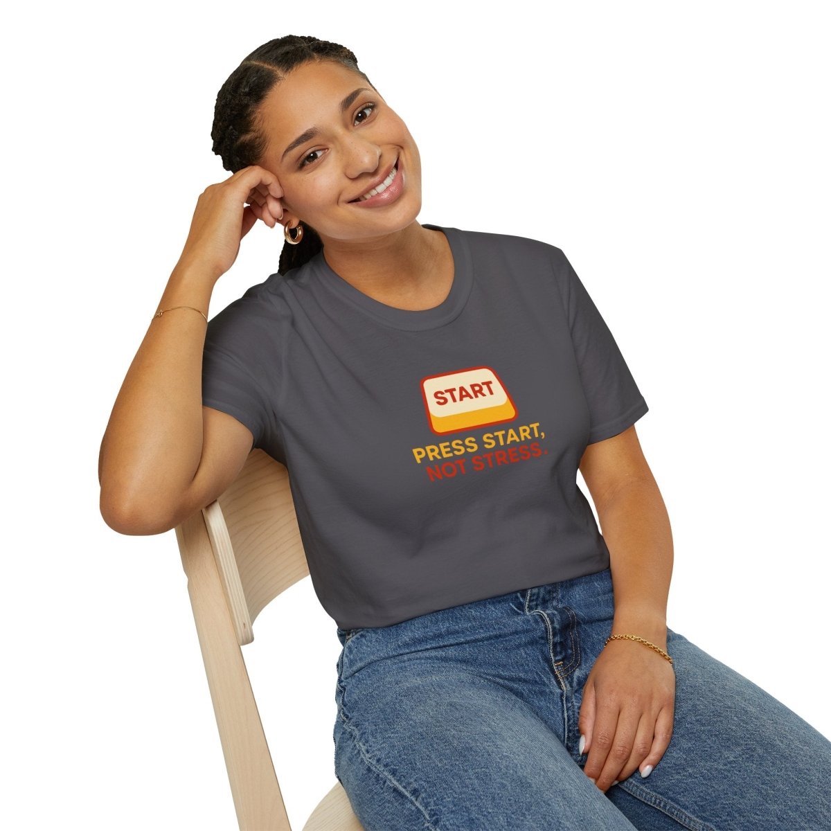 "Press Start, Not Stress" Unisex T-Shirt - Relaxed Fit Gaming Tee, Gift for Gamers, Fun Stress Relief Shirt, Casual Everyday Wear CW - 1 Yellow Orange - AI Tee Hero