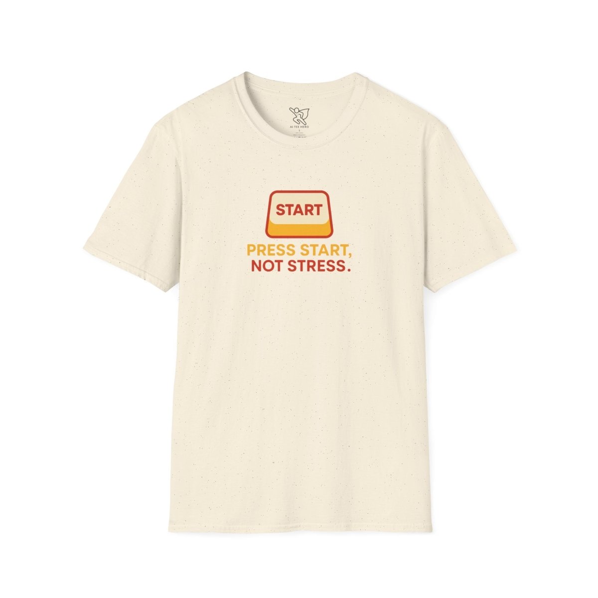 "Press Start, Not Stress" Unisex T-Shirt - Relaxed Fit Gaming Tee, Gift for Gamers, Fun Stress Relief Shirt, Casual Everyday Wear CW - 1 Yellow Orange - AI Tee Hero