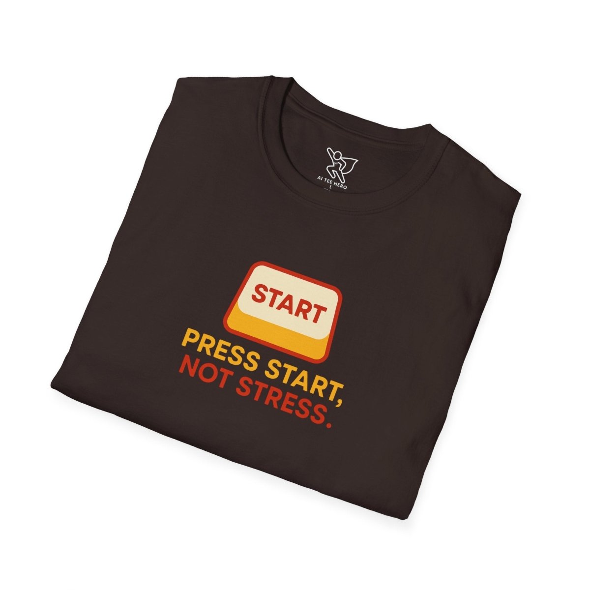 "Press Start, Not Stress" Unisex T-Shirt - Relaxed Fit Gaming Tee, Gift for Gamers, Fun Stress Relief Shirt, Casual Everyday Wear CW - 1 Yellow Orange - AI Tee Hero
