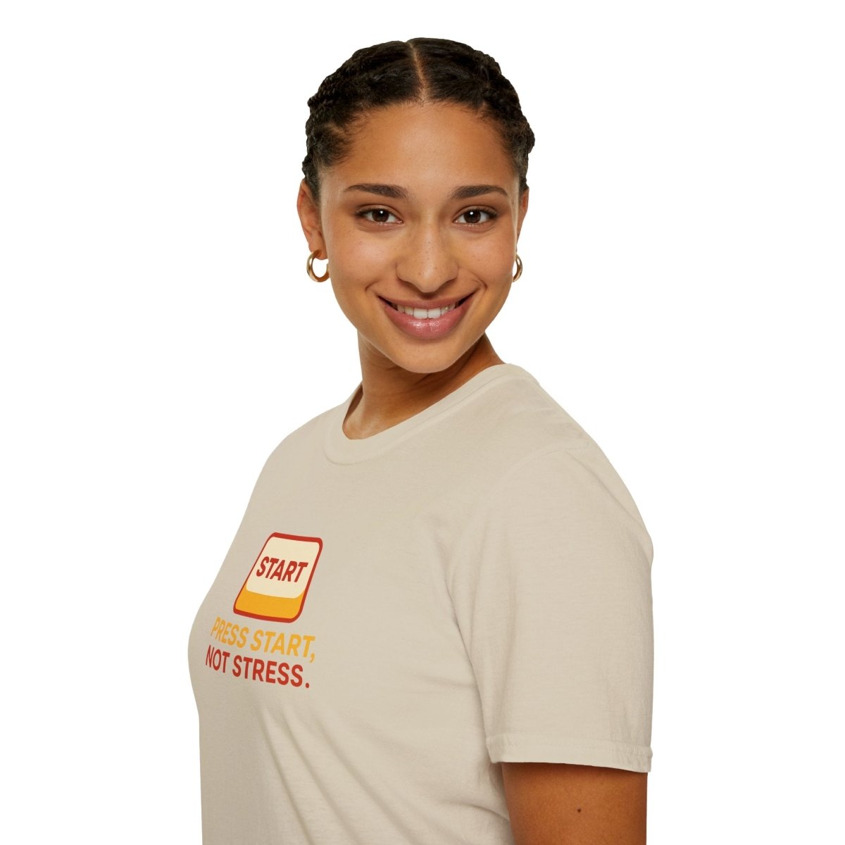 "Press Start, Not Stress" Unisex T-Shirt - Relaxed Fit Gaming Tee, Gift for Gamers, Fun Stress Relief Shirt, Casual Everyday Wear CW - 1 Yellow Orange - AI Tee Hero