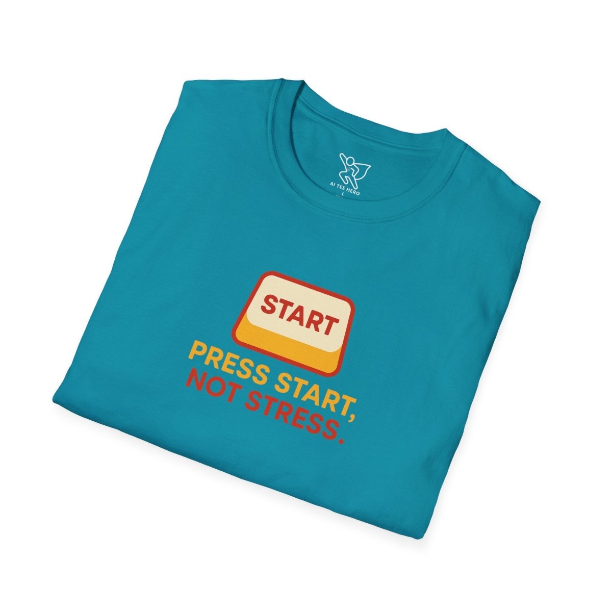 "Press Start, Not Stress" Unisex T-Shirt - Relaxed Fit Gaming Tee, Gift for Gamers, Fun Stress Relief Shirt, Casual Everyday Wear CW - 1 Yellow Orange - AI Tee Hero