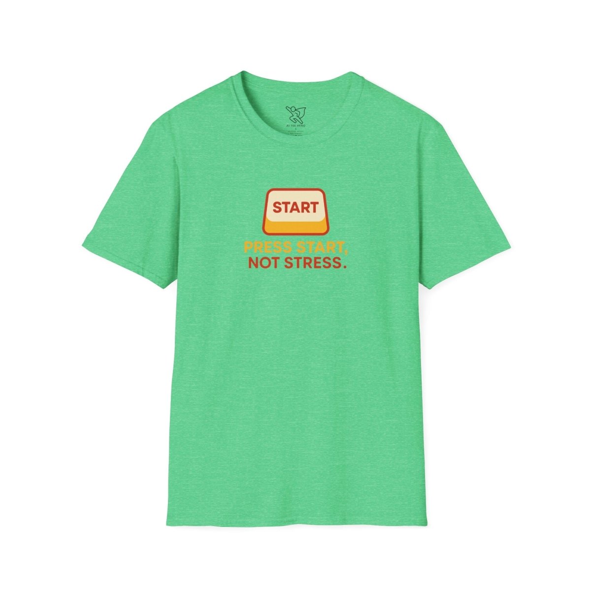 "Press Start, Not Stress" Unisex T-Shirt - Relaxed Fit Gaming Tee, Gift for Gamers, Fun Stress Relief Shirt, Casual Everyday Wear CW - 1 Yellow Orange - AI Tee Hero