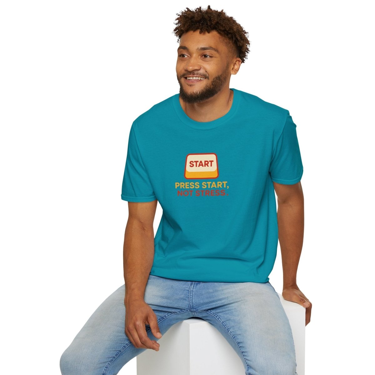 "Press Start, Not Stress" Unisex T-Shirt - Relaxed Fit Gaming Tee, Gift for Gamers, Fun Stress Relief Shirt, Casual Everyday Wear CW - 1 Yellow Orange - AI Tee Hero