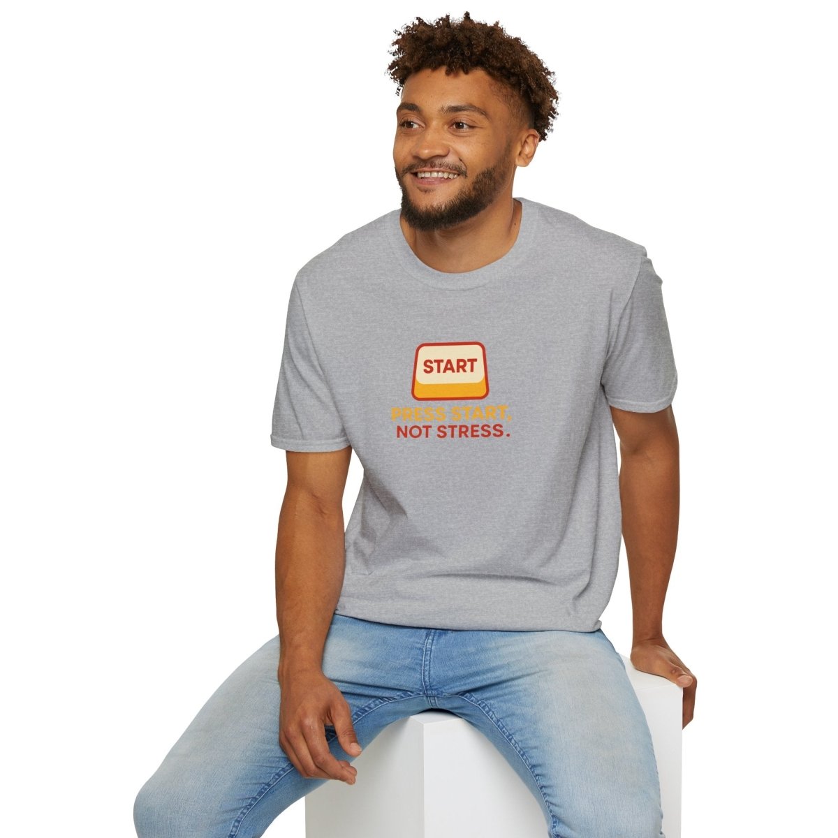 "Press Start, Not Stress" Unisex T-Shirt - Relaxed Fit Gaming Tee, Gift for Gamers, Fun Stress Relief Shirt, Casual Everyday Wear CW - 1 Yellow Orange - AI Tee Hero