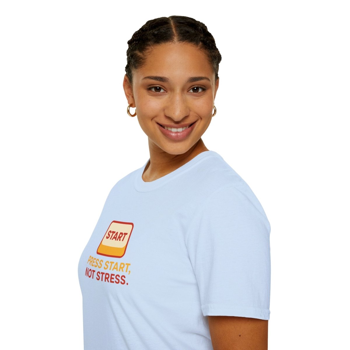 "Press Start, Not Stress" Unisex T-Shirt - Relaxed Fit Gaming Tee, Gift for Gamers, Fun Stress Relief Shirt, Casual Everyday Wear CW - 1 Yellow Orange - AI Tee Hero