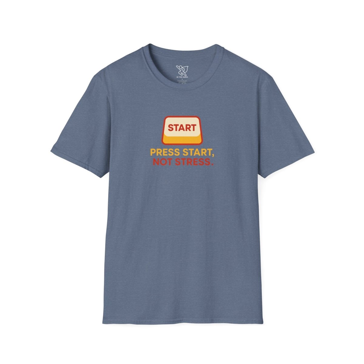 "Press Start, Not Stress" Unisex T-Shirt - Relaxed Fit Gaming Tee, Gift for Gamers, Fun Stress Relief Shirt, Casual Everyday Wear CW - 1 Yellow Orange - AI Tee Hero