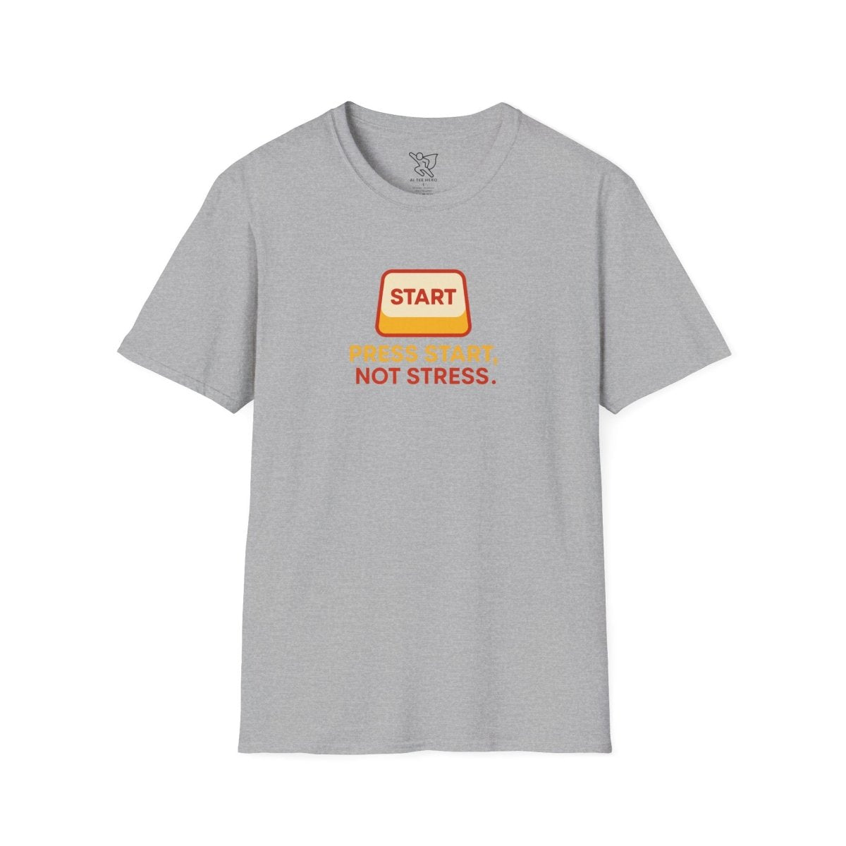 "Press Start, Not Stress" Unisex T-Shirt - Relaxed Fit Gaming Tee, Gift for Gamers, Fun Stress Relief Shirt, Casual Everyday Wear CW - 1 Yellow Orange - AI Tee Hero