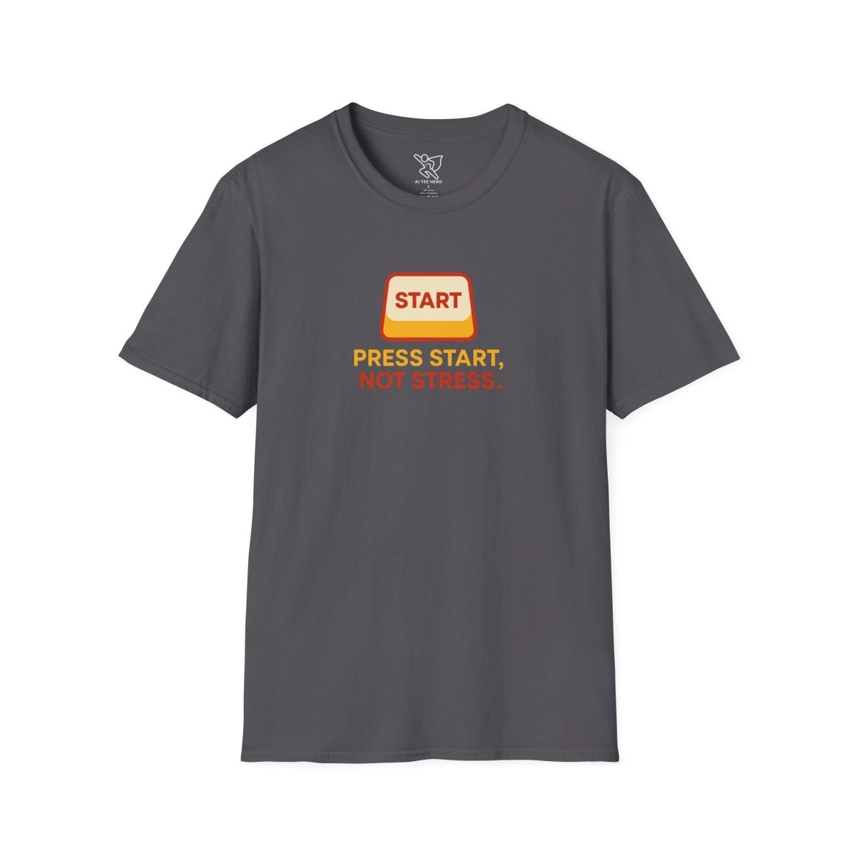 "Press Start, Not Stress" Unisex T-Shirt - Relaxed Fit Gaming Tee, Gift for Gamers, Fun Stress Relief Shirt, Casual Everyday Wear CW - 1 Yellow Orange - AI Tee Hero