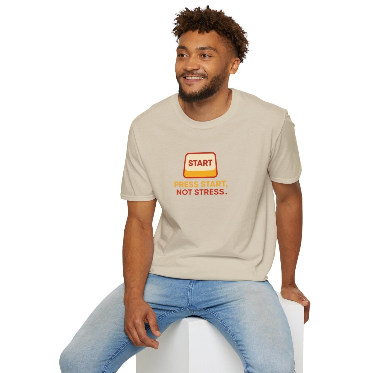 "Press Start, Not Stress" Unisex T-Shirt - Relaxed Fit Gaming Tee, Gift for Gamers, Fun Stress Relief Shirt, Casual Everyday Wear CW - 1 Yellow Orange - AI Tee Hero