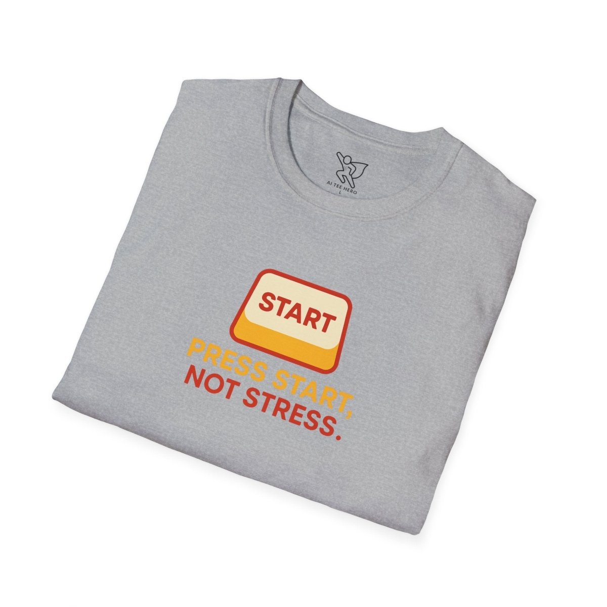 "Press Start, Not Stress" Unisex T-Shirt - Relaxed Fit Gaming Tee, Gift for Gamers, Fun Stress Relief Shirt, Casual Everyday Wear CW - 1 Yellow Orange - AI Tee Hero