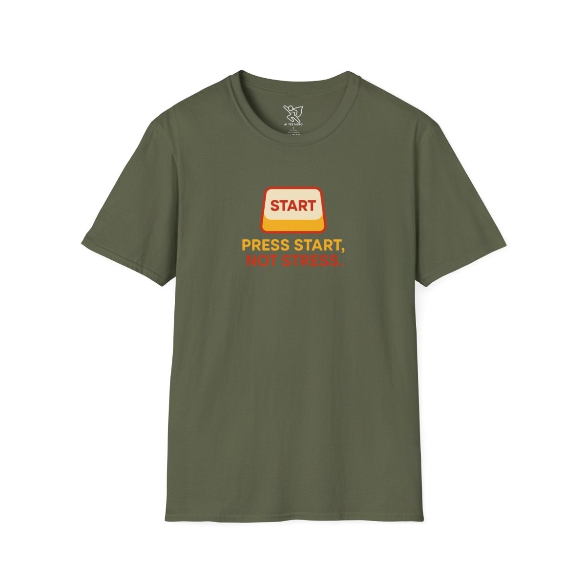 "Press Start, Not Stress" Unisex T-Shirt - Relaxed Fit Gaming Tee, Gift for Gamers, Fun Stress Relief Shirt, Casual Everyday Wear CW - 1 Yellow Orange - AI Tee Hero