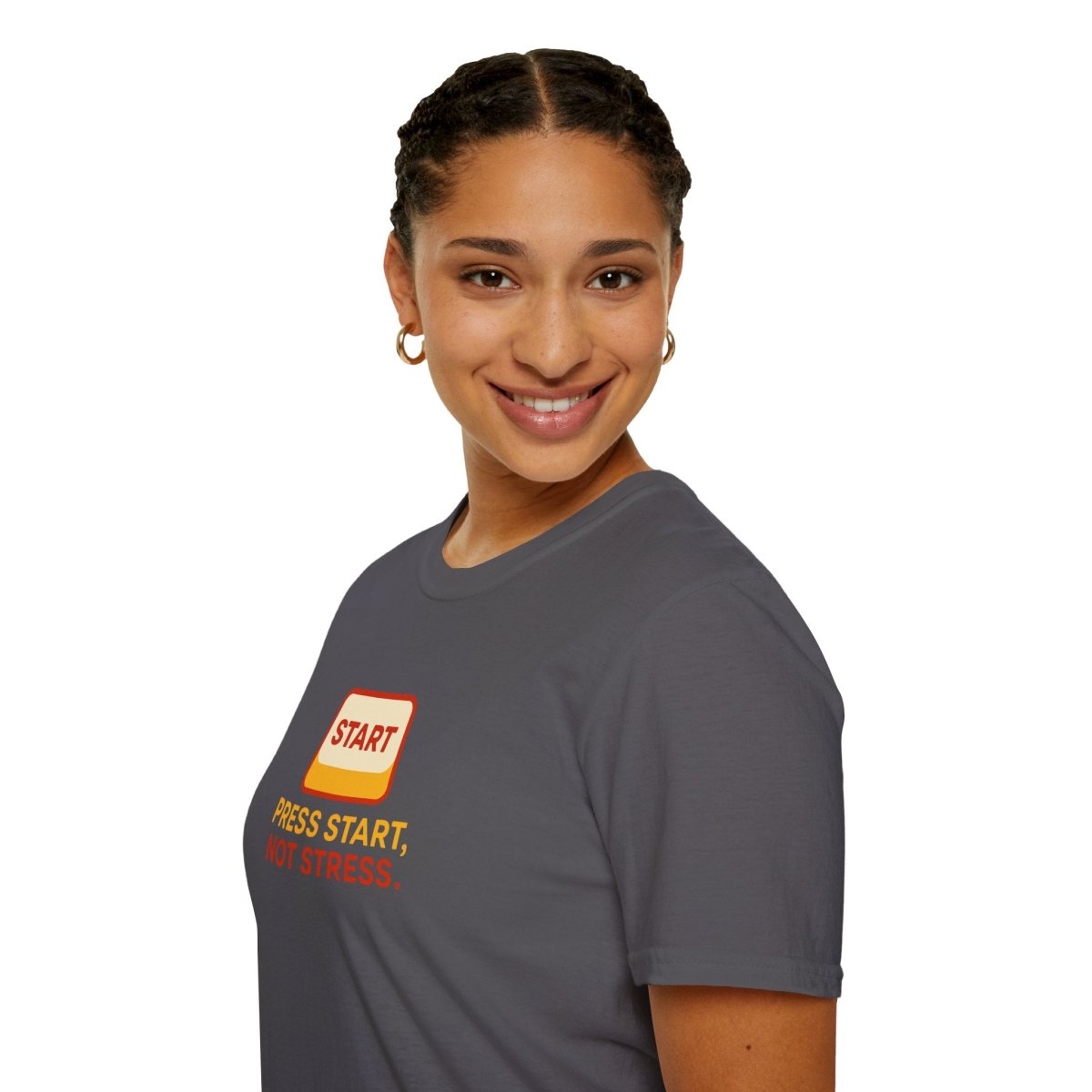 "Press Start, Not Stress" Unisex T-Shirt - Relaxed Fit Gaming Tee, Gift for Gamers, Fun Stress Relief Shirt, Casual Everyday Wear CW - 1 Yellow Orange - AI Tee Hero