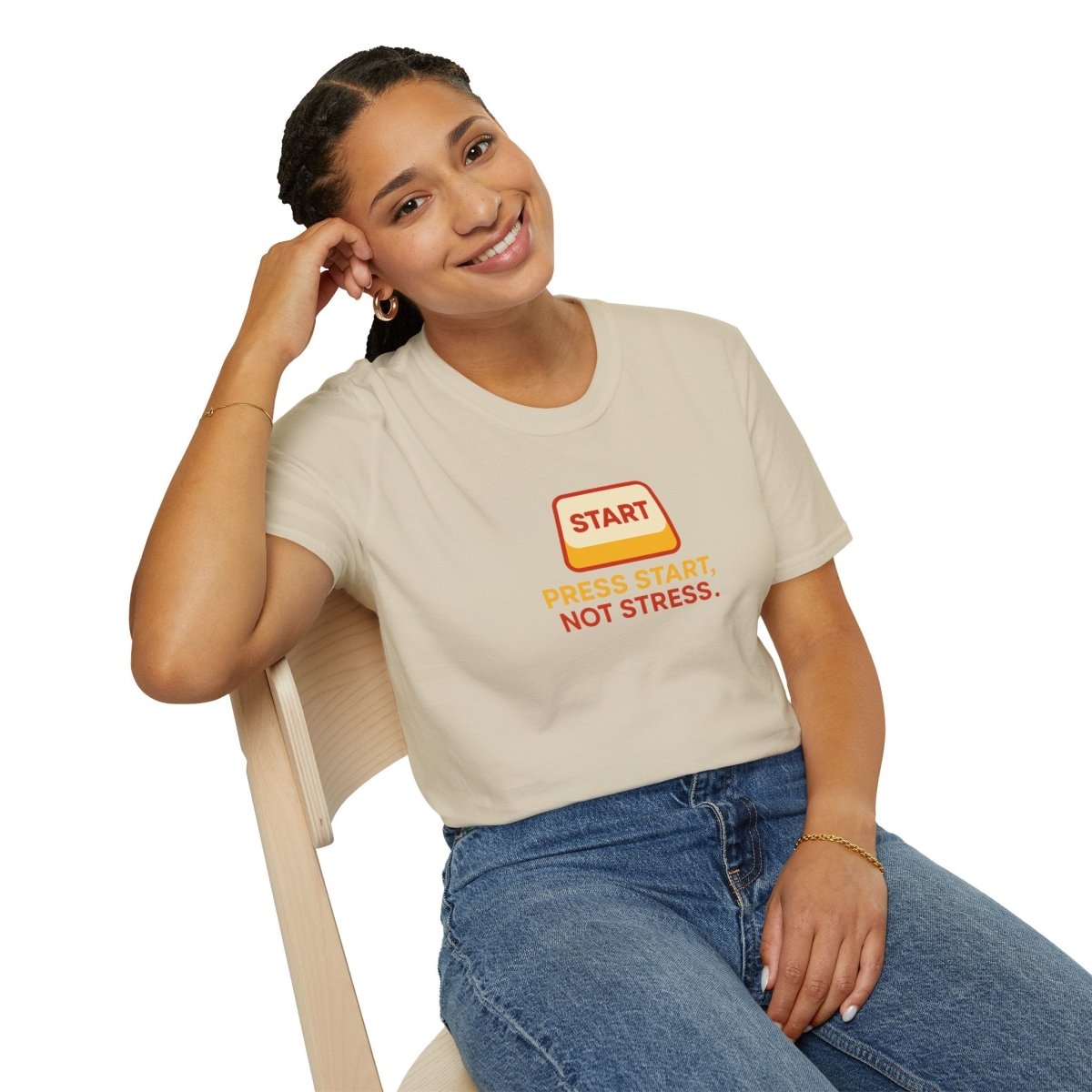 "Press Start, Not Stress" Unisex T-Shirt - Relaxed Fit Gaming Tee, Gift for Gamers, Fun Stress Relief Shirt, Casual Everyday Wear CW - 1 Yellow Orange - AI Tee Hero