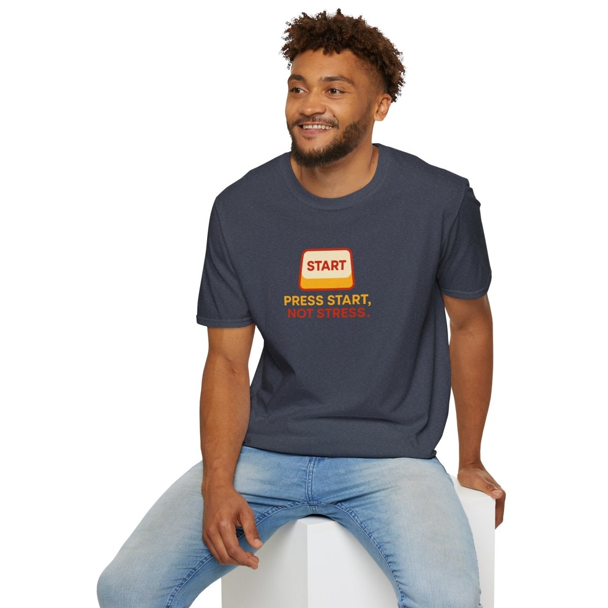 "Press Start, Not Stress" Unisex T-Shirt - Relaxed Fit Gaming Tee, Gift for Gamers, Fun Stress Relief Shirt, Casual Everyday Wear CW - 1 Yellow Orange - AI Tee Hero