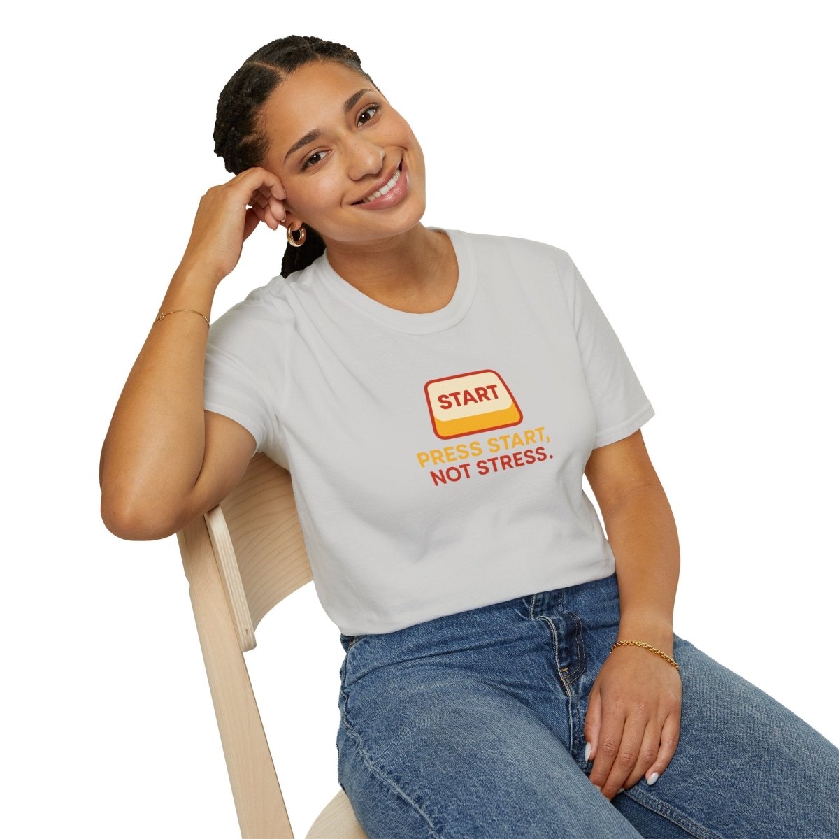 "Press Start, Not Stress" Unisex T-Shirt - Relaxed Fit Gaming Tee, Gift for Gamers, Fun Stress Relief Shirt, Casual Everyday Wear CW - 1 Yellow Orange - AI Tee Hero