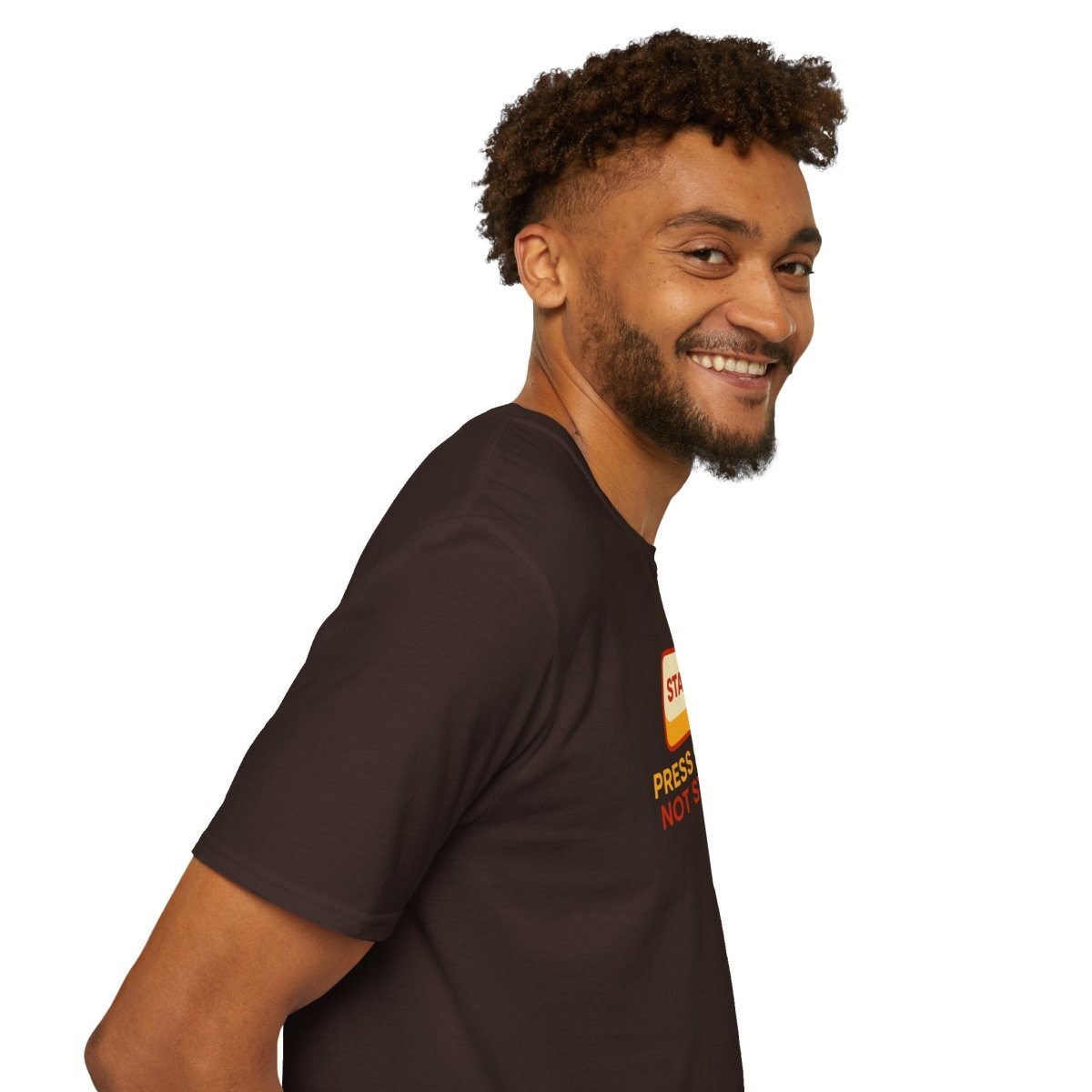 "Press Start, Not Stress" Unisex T-Shirt - Relaxed Fit Gaming Tee, Gift for Gamers, Fun Stress Relief Shirt, Casual Everyday Wear CW - 1 Yellow Orange - AI Tee Hero