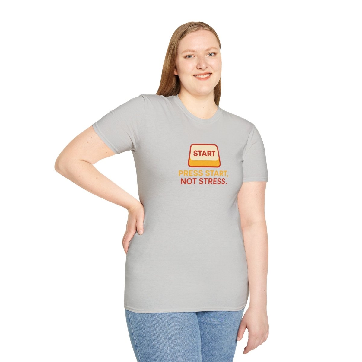 "Press Start, Not Stress" Unisex T-Shirt - Relaxed Fit Gaming Tee, Gift for Gamers, Fun Stress Relief Shirt, Casual Everyday Wear CW - 1 Yellow Orange - AI Tee Hero