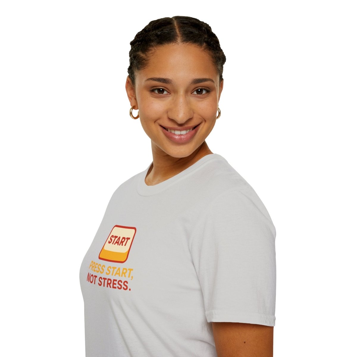 "Press Start, Not Stress" Unisex T-Shirt - Relaxed Fit Gaming Tee, Gift for Gamers, Fun Stress Relief Shirt, Casual Everyday Wear CW - 1 Yellow Orange - AI Tee Hero