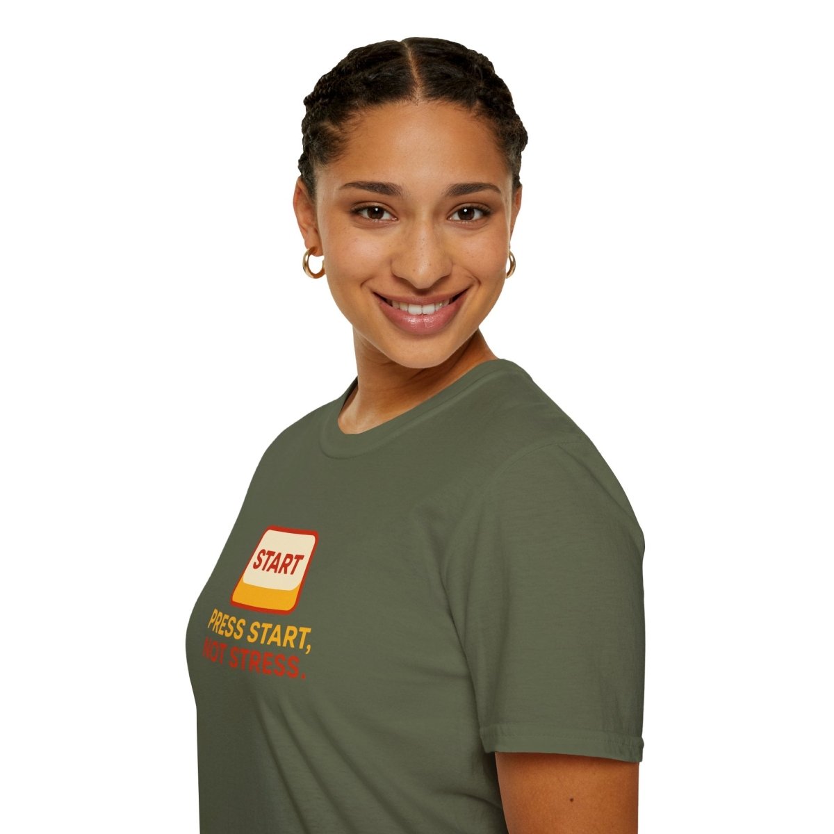 "Press Start, Not Stress" Unisex T-Shirt - Relaxed Fit Gaming Tee, Gift for Gamers, Fun Stress Relief Shirt, Casual Everyday Wear CW - 1 Yellow Orange - AI Tee Hero