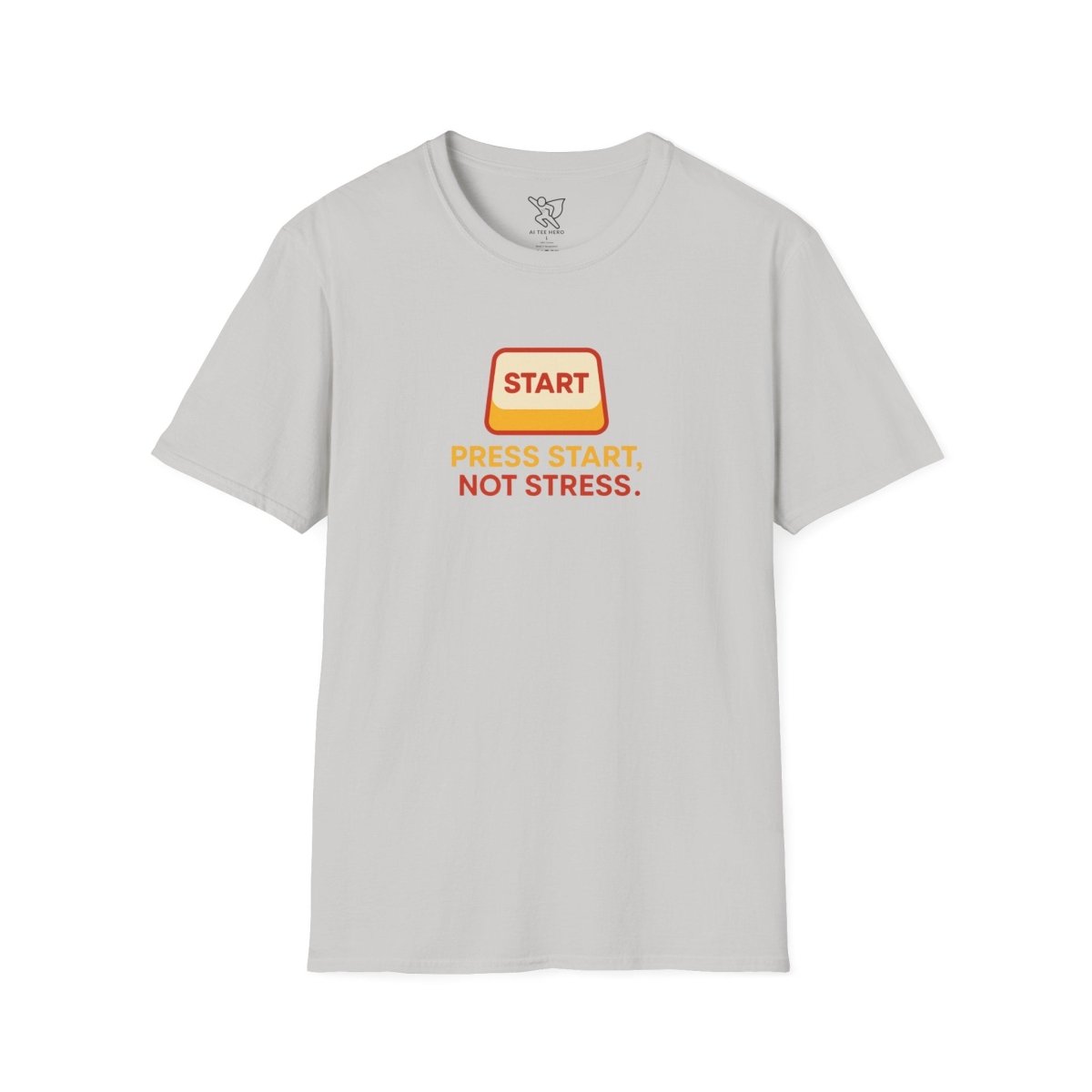 "Press Start, Not Stress" Unisex T-Shirt - Relaxed Fit Gaming Tee, Gift for Gamers, Fun Stress Relief Shirt, Casual Everyday Wear CW - 1 Yellow Orange - AI Tee Hero