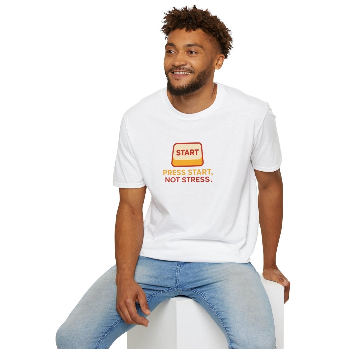 "Press Start, Not Stress" Unisex T-Shirt - Relaxed Fit Gaming Tee, Gift for Gamers, Fun Stress Relief Shirt, Casual Everyday Wear CW - 1 Yellow Orange - AI Tee Hero