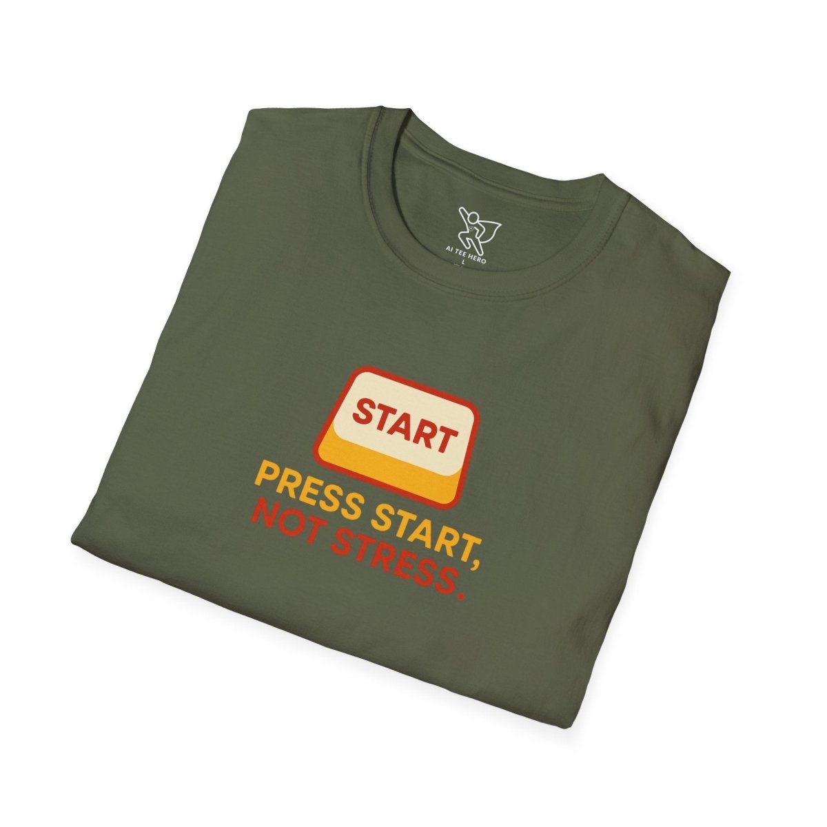 "Press Start, Not Stress" Unisex T-Shirt - Relaxed Fit Gaming Tee, Gift for Gamers, Fun Stress Relief Shirt, Casual Everyday Wear CW - 1 Yellow Orange - AI Tee Hero