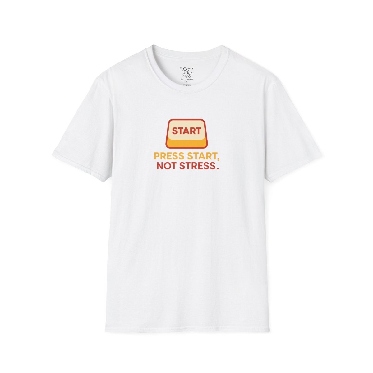 "Press Start, Not Stress" Unisex T-Shirt - Relaxed Fit Gaming Tee, Gift for Gamers, Fun Stress Relief Shirt, Casual Everyday Wear CW - 1 Yellow Orange - AI Tee Hero