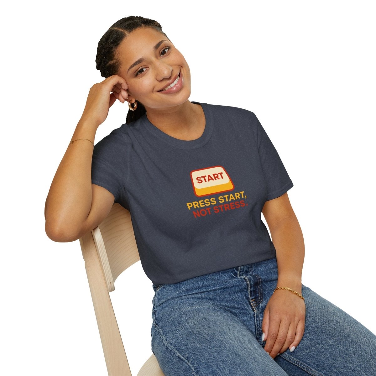 "Press Start, Not Stress" Unisex T-Shirt - Relaxed Fit Gaming Tee, Gift for Gamers, Fun Stress Relief Shirt, Casual Everyday Wear CW - 1 Yellow Orange - AI Tee Hero