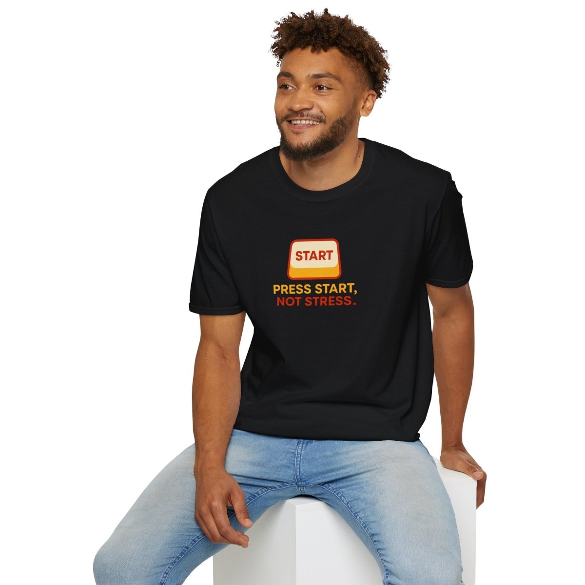 "Press Start, Not Stress" Unisex T-Shirt - Relaxed Fit Gaming Tee, Gift for Gamers, Fun Stress Relief Shirt, Casual Everyday Wear CW - 1 Yellow Orange - AI Tee Hero
