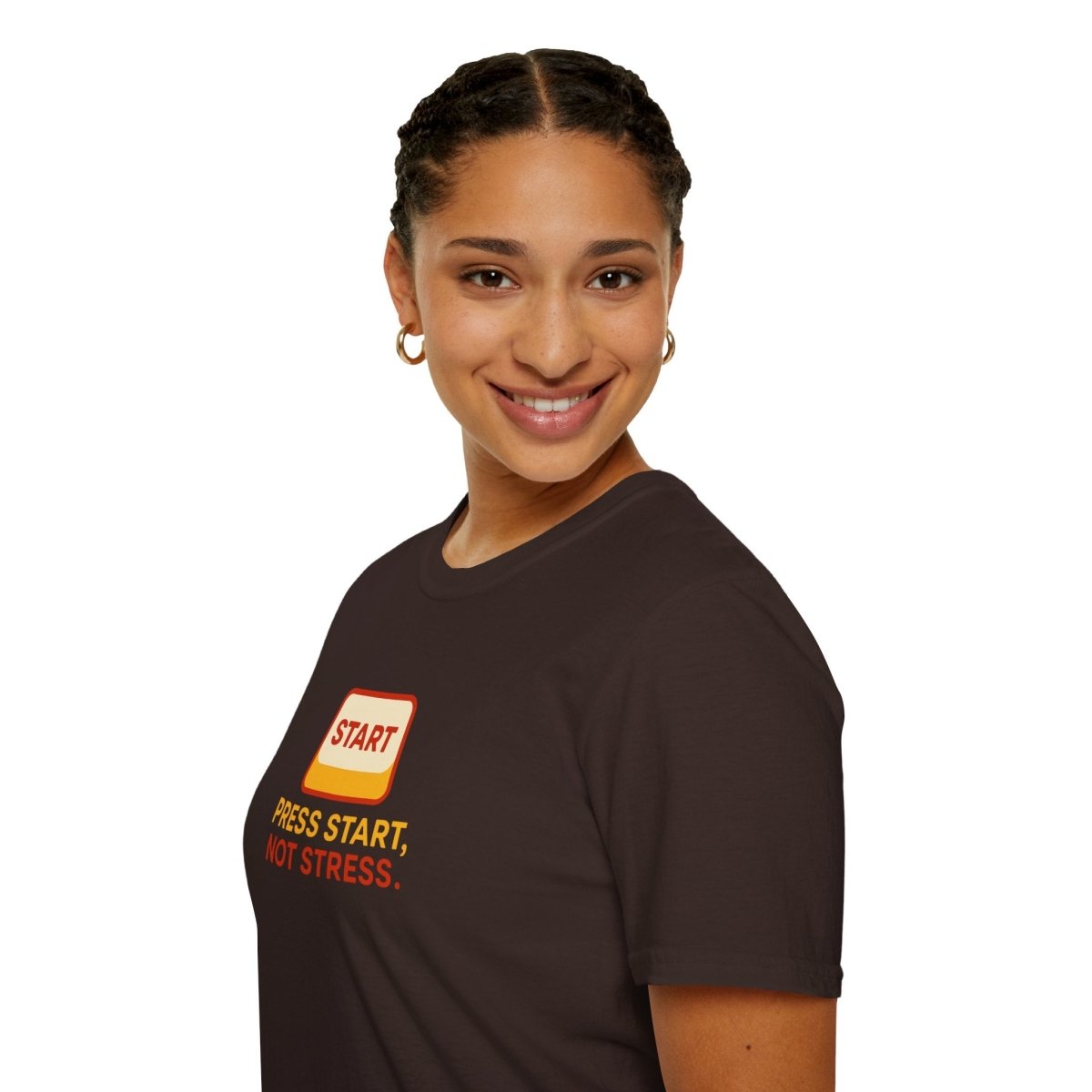"Press Start, Not Stress" Unisex T-Shirt - Relaxed Fit Gaming Tee, Gift for Gamers, Fun Stress Relief Shirt, Casual Everyday Wear CW - 1 Yellow Orange - AI Tee Hero