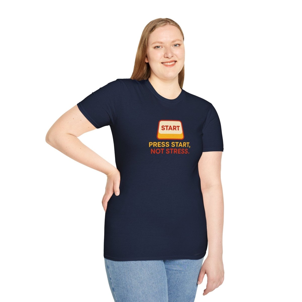 "Press Start, Not Stress" Unisex T-Shirt - Relaxed Fit Gaming Tee, Gift for Gamers, Fun Stress Relief Shirt, Casual Everyday Wear CW - 1 Yellow Orange - AI Tee Hero