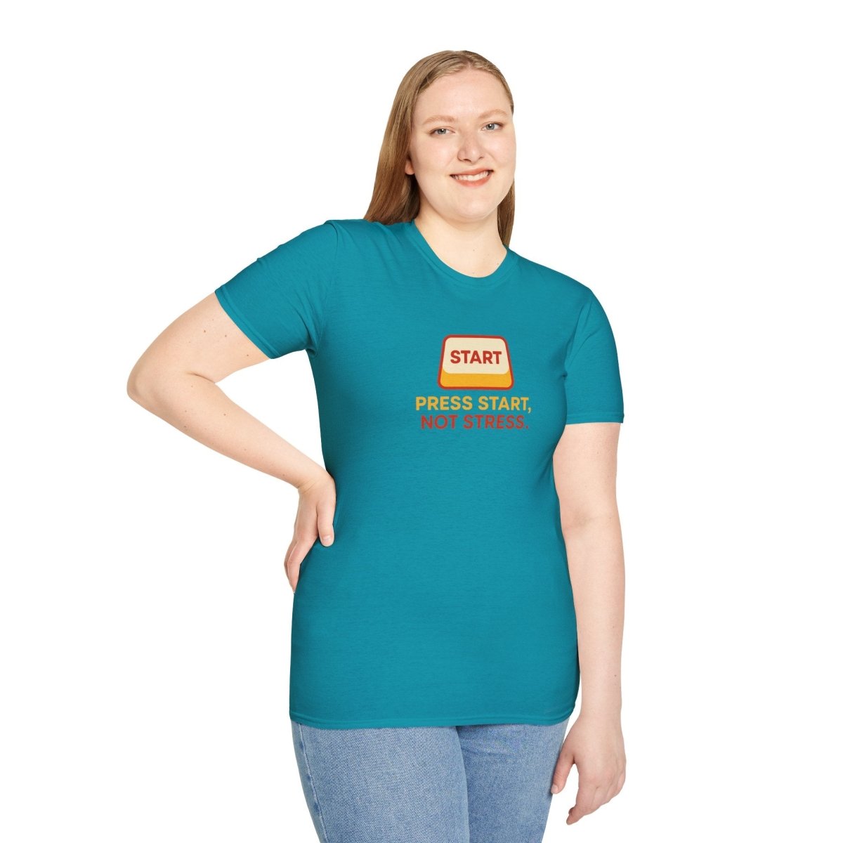 "Press Start, Not Stress" Unisex T-Shirt - Relaxed Fit Gaming Tee, Gift for Gamers, Fun Stress Relief Shirt, Casual Everyday Wear CW - 1 Yellow Orange - AI Tee Hero