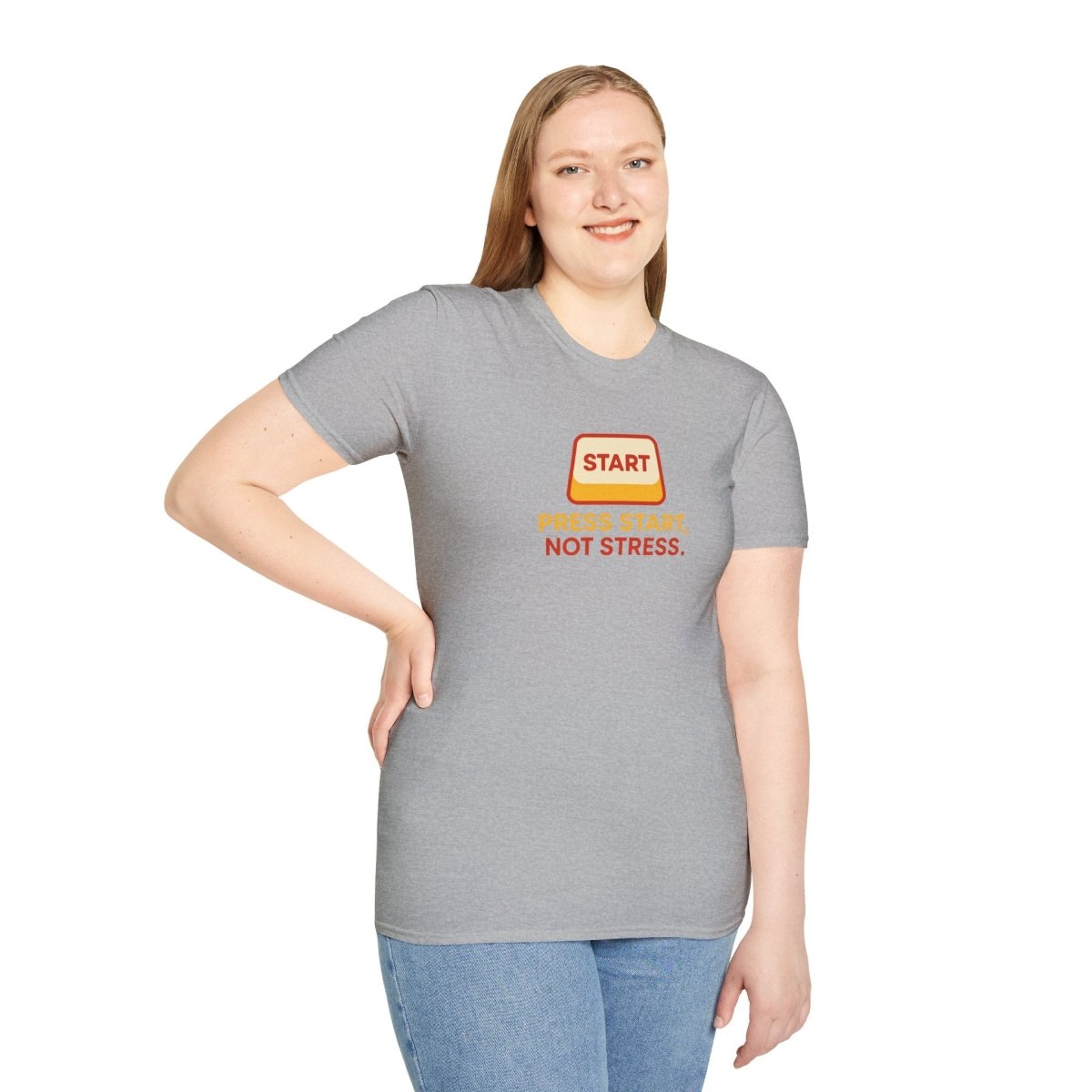 "Press Start, Not Stress" Unisex T-Shirt - Relaxed Fit Gaming Tee, Gift for Gamers, Fun Stress Relief Shirt, Casual Everyday Wear CW - 1 Yellow Orange - AI Tee Hero