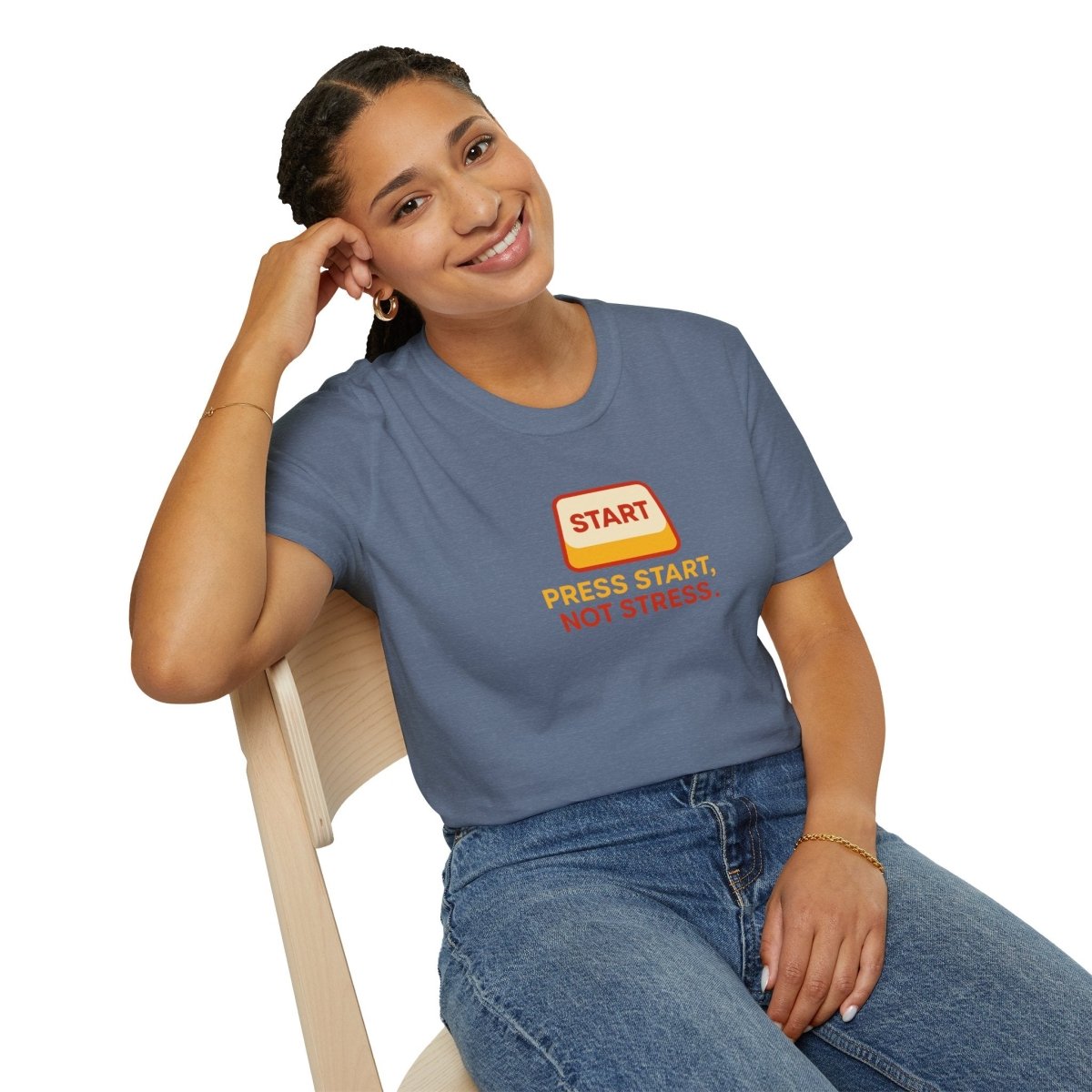"Press Start, Not Stress" Unisex T-Shirt - Relaxed Fit Gaming Tee, Gift for Gamers, Fun Stress Relief Shirt, Casual Everyday Wear CW - 1 Yellow Orange - AI Tee Hero