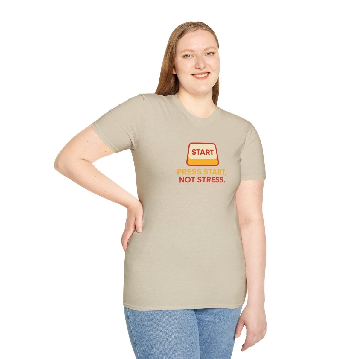 "Press Start, Not Stress" Unisex T-Shirt - Relaxed Fit Gaming Tee, Gift for Gamers, Fun Stress Relief Shirt, Casual Everyday Wear CW - 1 Yellow Orange - AI Tee Hero