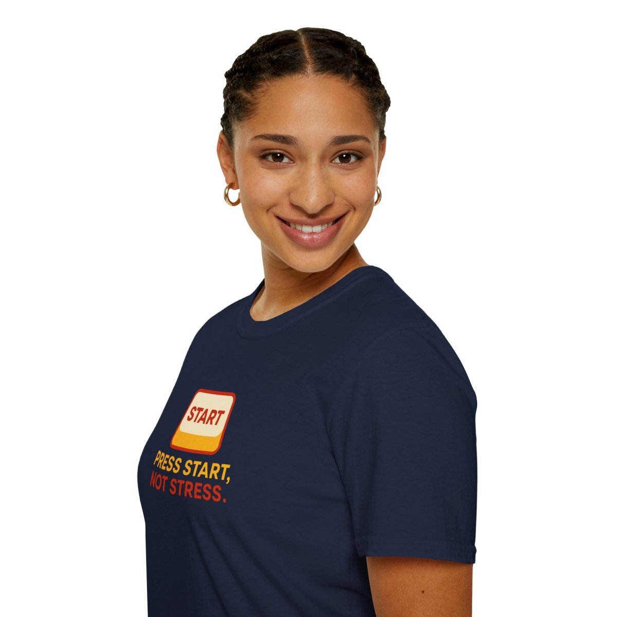 "Press Start, Not Stress" Unisex T-Shirt - Relaxed Fit Gaming Tee, Gift for Gamers, Fun Stress Relief Shirt, Casual Everyday Wear CW - 1 Yellow Orange - AI Tee Hero