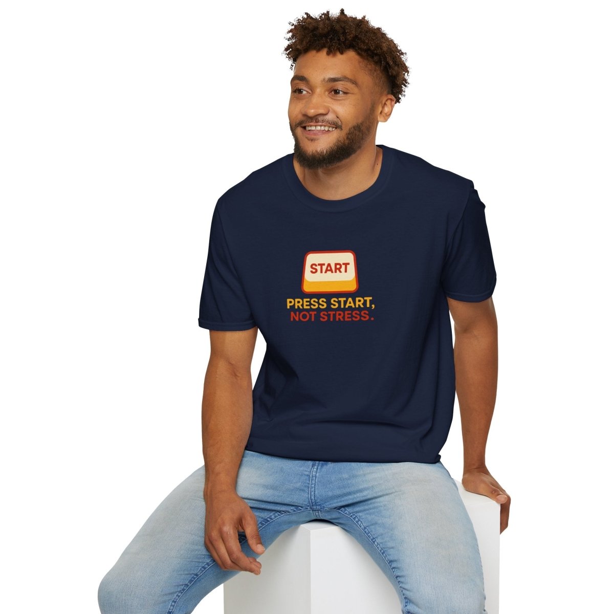 "Press Start, Not Stress" Unisex T-Shirt - Relaxed Fit Gaming Tee, Gift for Gamers, Fun Stress Relief Shirt, Casual Everyday Wear CW - 1 Yellow Orange - AI Tee Hero
