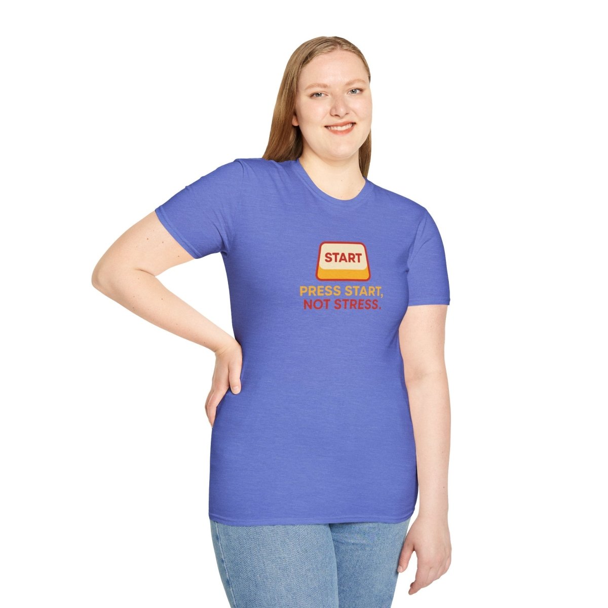 "Press Start, Not Stress" Unisex T-Shirt - Relaxed Fit Gaming Tee, Gift for Gamers, Fun Stress Relief Shirt, Casual Everyday Wear CW - 1 Yellow Orange - AI Tee Hero