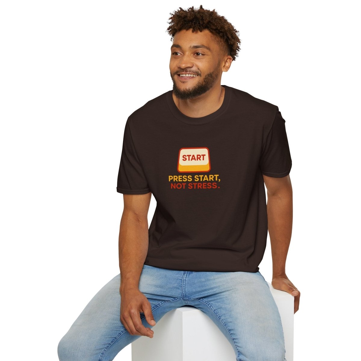 "Press Start, Not Stress" Unisex T-Shirt - Relaxed Fit Gaming Tee, Gift for Gamers, Fun Stress Relief Shirt, Casual Everyday Wear CW - 1 Yellow Orange - AI Tee Hero