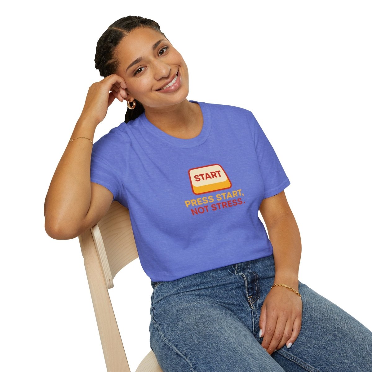 "Press Start, Not Stress" Unisex T-Shirt - Relaxed Fit Gaming Tee, Gift for Gamers, Fun Stress Relief Shirt, Casual Everyday Wear CW - 1 Yellow Orange - AI Tee Hero