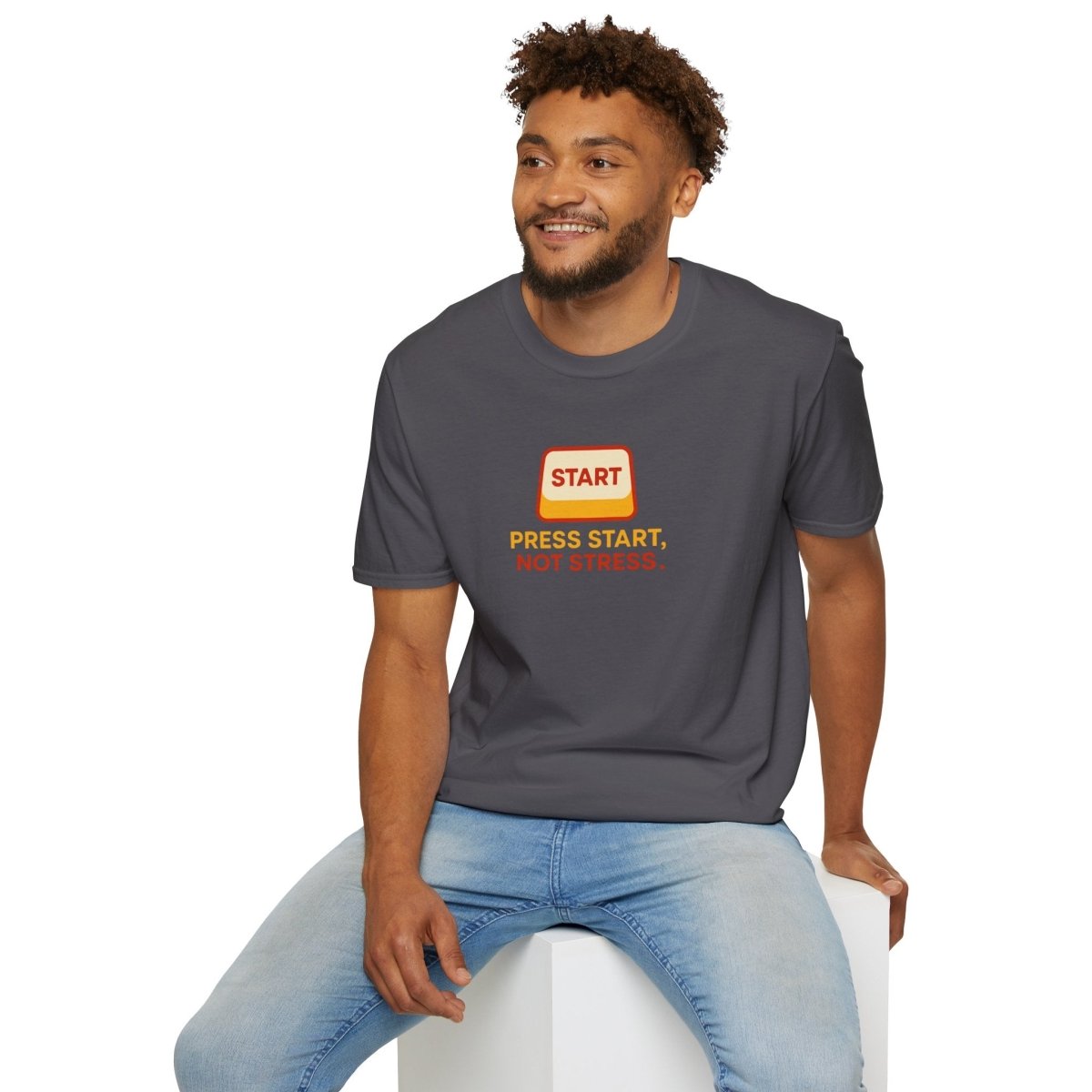 "Press Start, Not Stress" Unisex T-Shirt - Relaxed Fit Gaming Tee, Gift for Gamers, Fun Stress Relief Shirt, Casual Everyday Wear CW - 1 Yellow Orange - AI Tee Hero