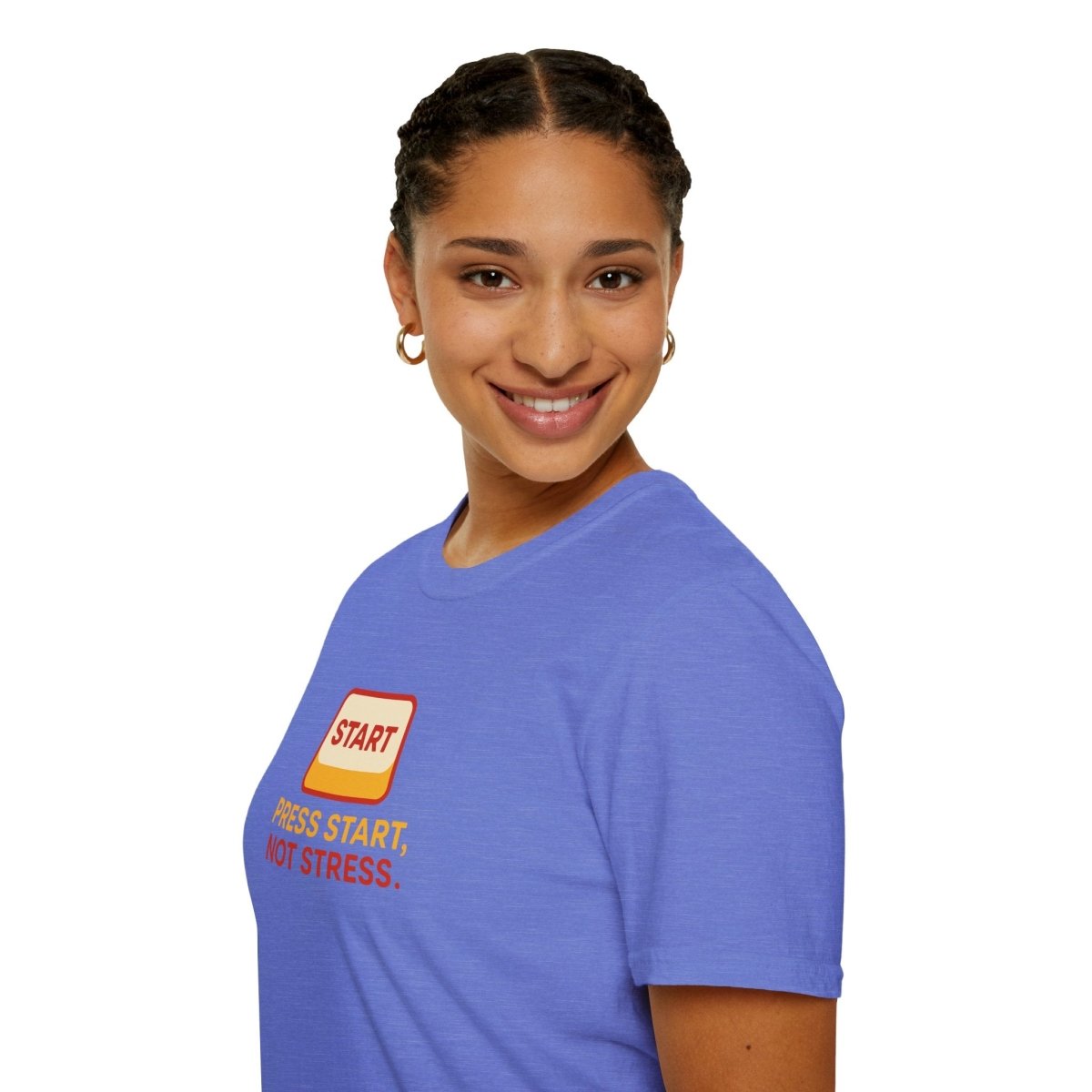 "Press Start, Not Stress" Unisex T-Shirt - Relaxed Fit Gaming Tee, Gift for Gamers, Fun Stress Relief Shirt, Casual Everyday Wear CW - 1 Yellow Orange - AI Tee Hero