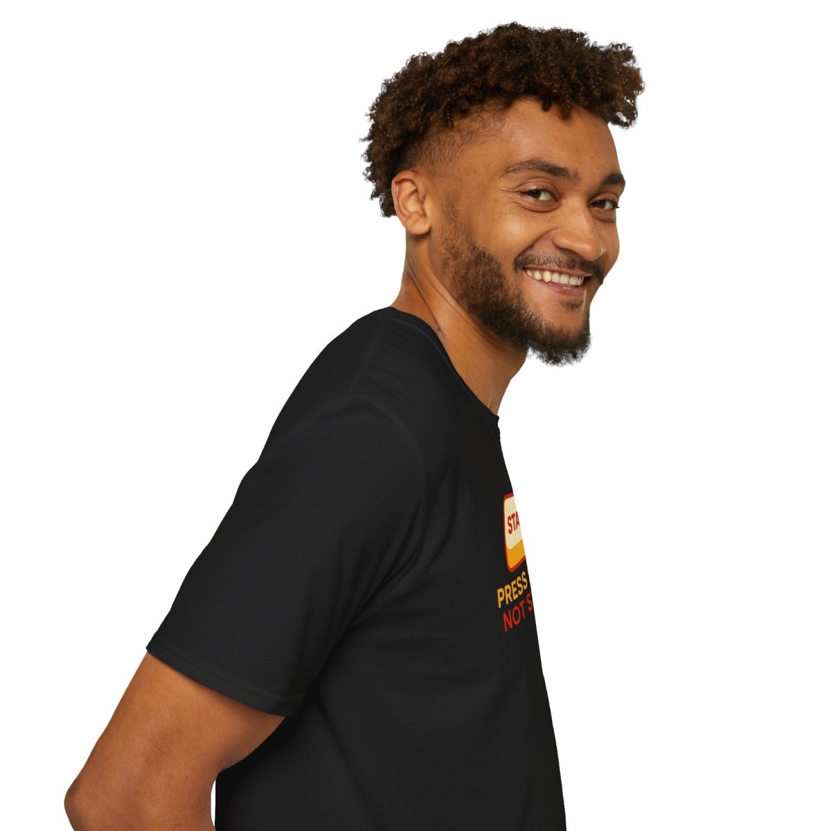 "Press Start, Not Stress" Unisex T-Shirt - Relaxed Fit Gaming Tee, Gift for Gamers, Fun Stress Relief Shirt, Casual Everyday Wear CW - 1 Yellow Orange - AI Tee Hero