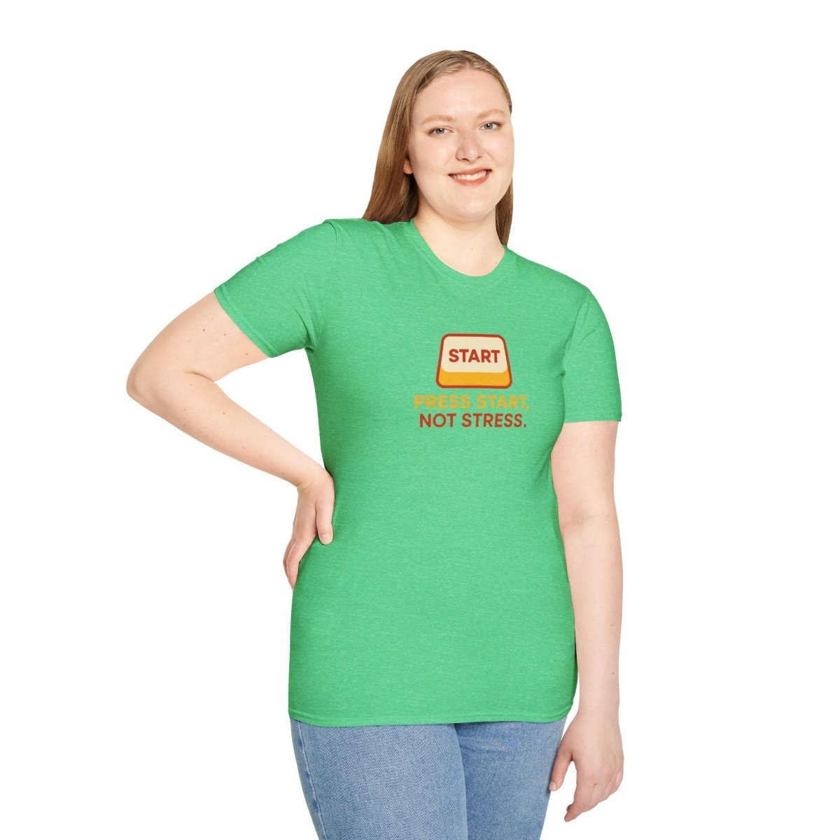 "Press Start, Not Stress" Unisex T-Shirt - Relaxed Fit Gaming Tee, Gift for Gamers, Fun Stress Relief Shirt, Casual Everyday Wear CW - 1 Yellow Orange - AI Tee Hero